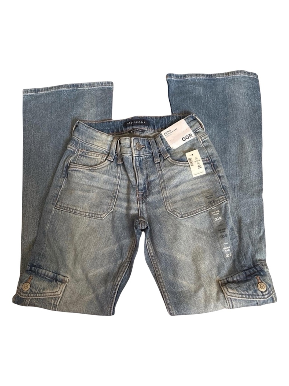 NWT Aeropostale Mid Rise Flare Cargo Jeans Medium Wash Blue 00R